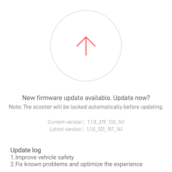 Boîte de dialogue de mise à jour du micrologiciel de l'application Scooter, indiquant "Nouvelle mise à jour du firmware disponible.  Mettez à jour maintenant?"