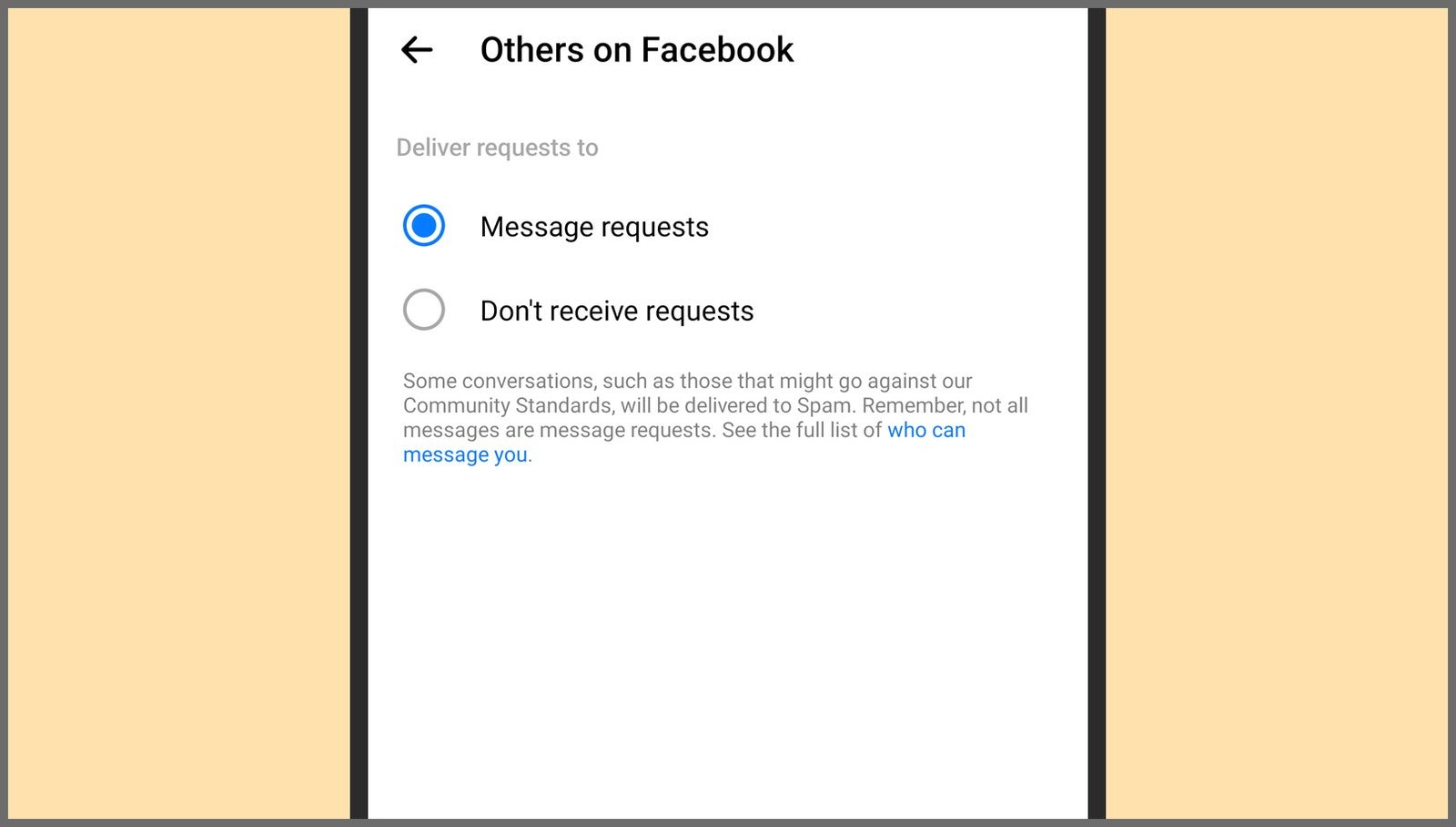 capture d'écran montrant l'option pour les demandes de message Facebook