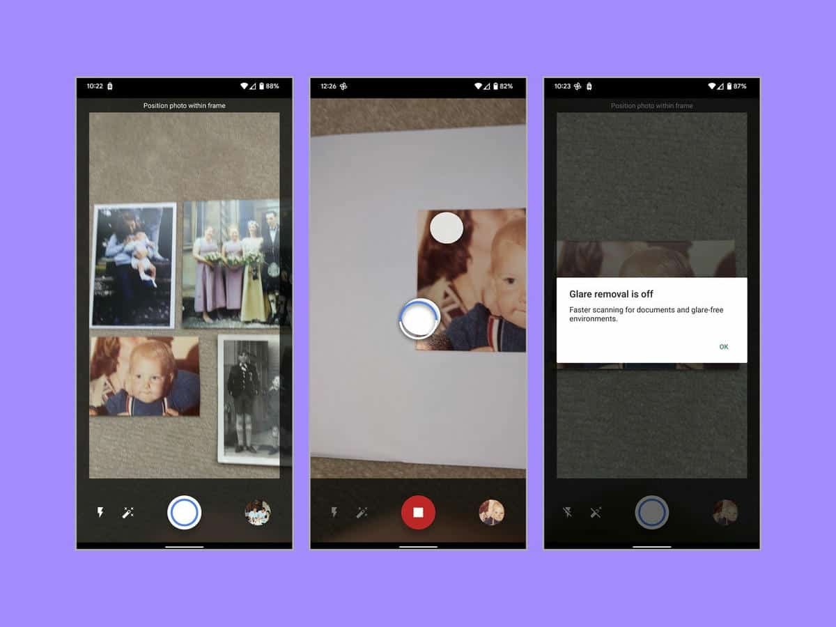 Trois captures d'écran de l'application Google PhotoScan