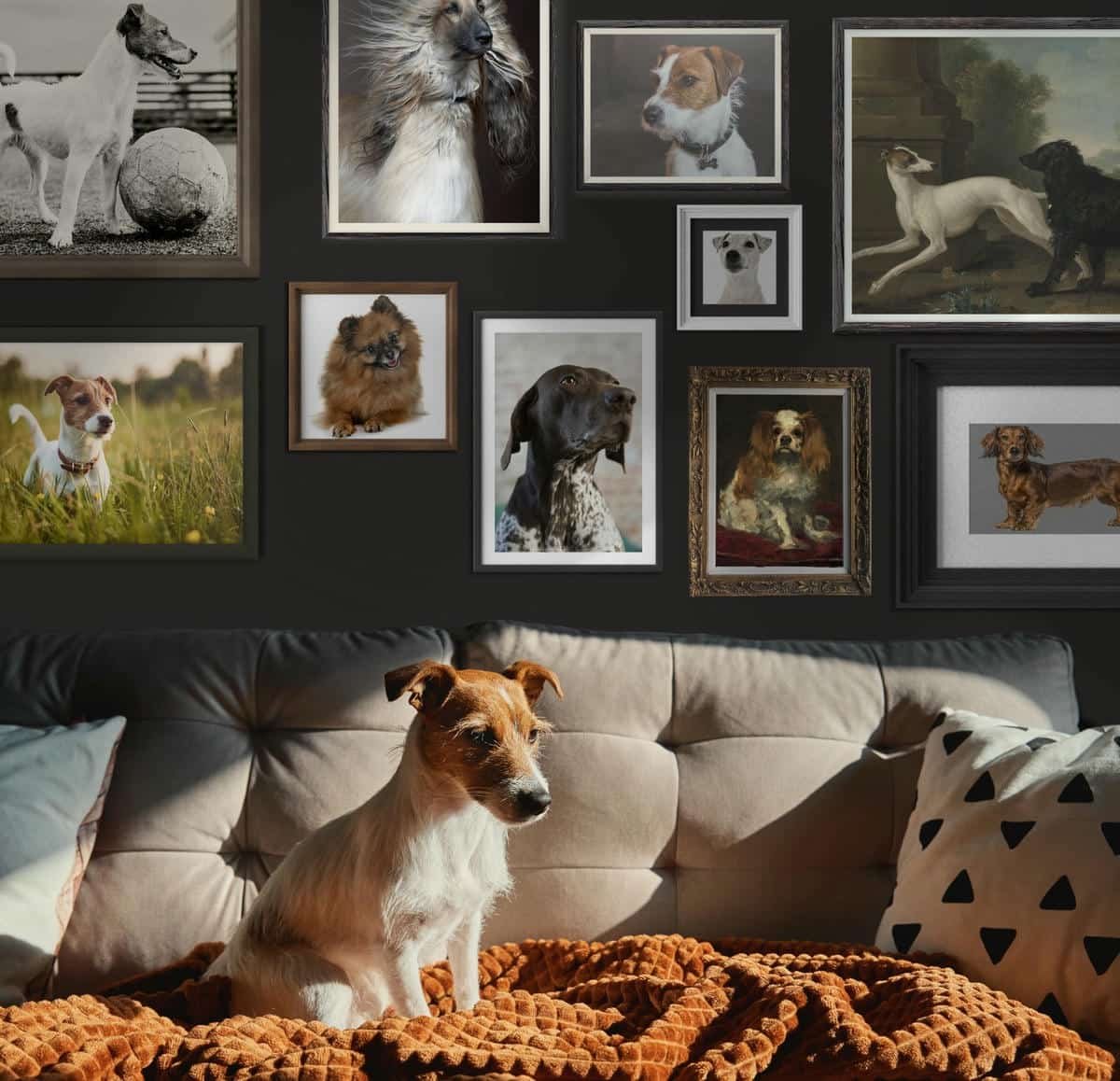 Illustration photo conceptuelle d'un chien sur un canapé avec des chiens passés dans des portraits encadrés derrière