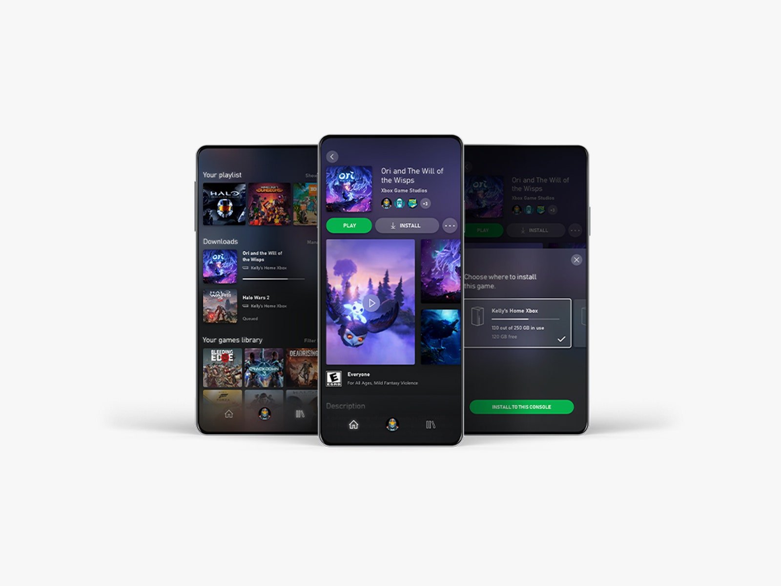 Trois smartphones différents affichant l'application Xbox.