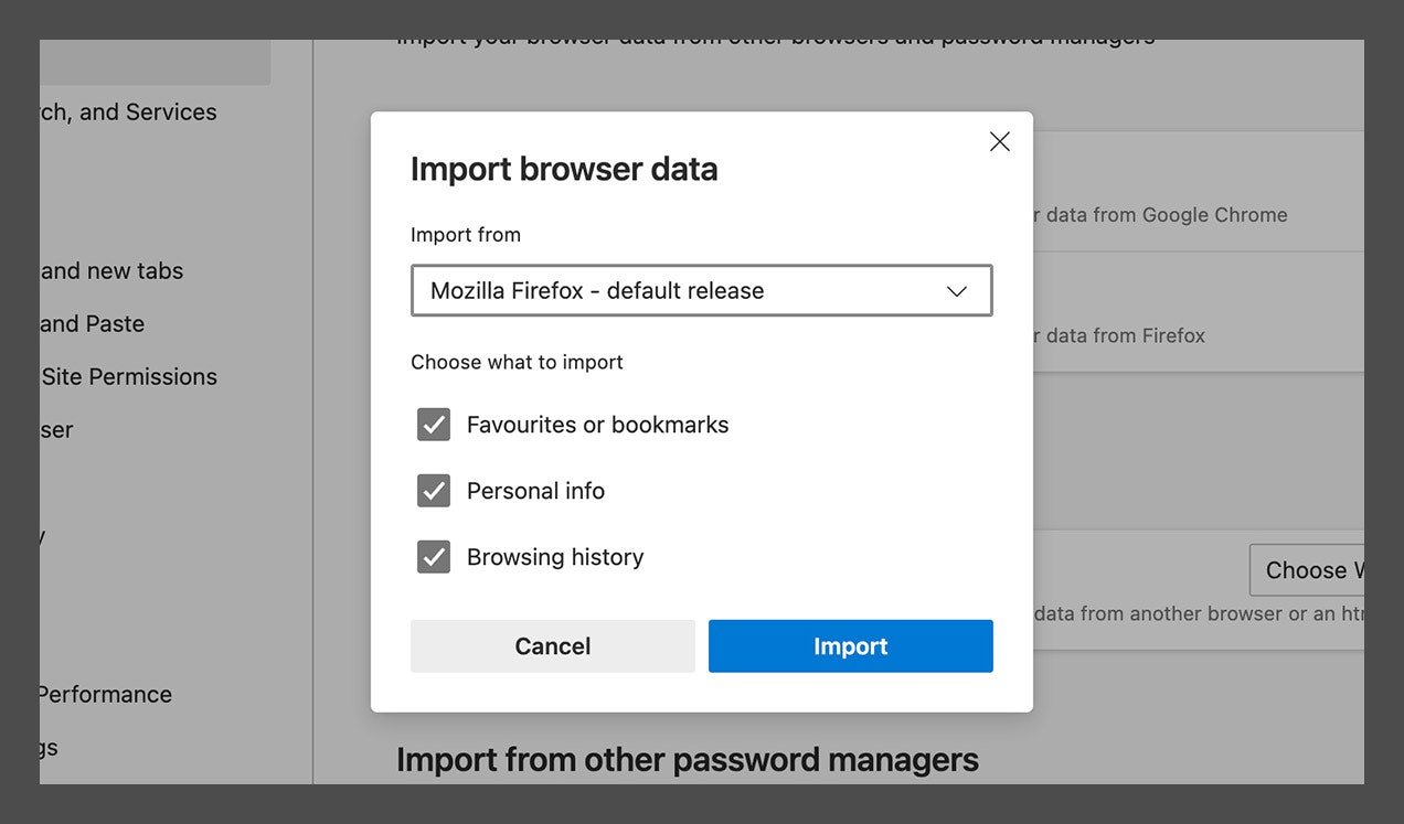 Fenêtre de données du navigateur d'importation Microsoft Edge