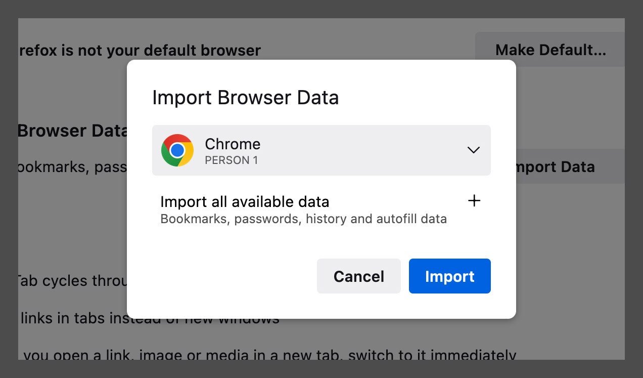 Fenêtre d'importation des données du navigateur Firefox