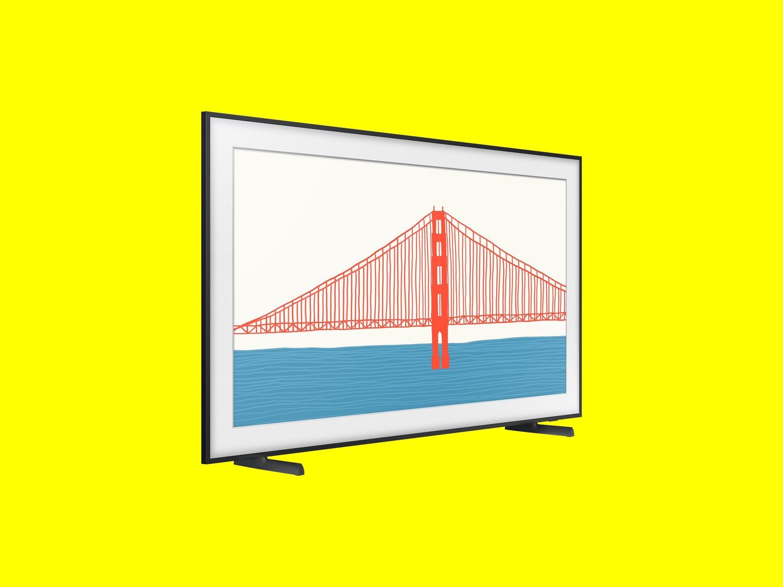 Téléviseur Samsung The Frame affichant une illustration du Golden Gate Bridge