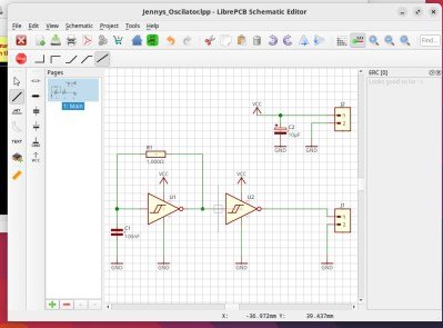 L'éditeur de schémas LibrePCB, avec un simple oscillateur à deux déclencheurs Schmitt.