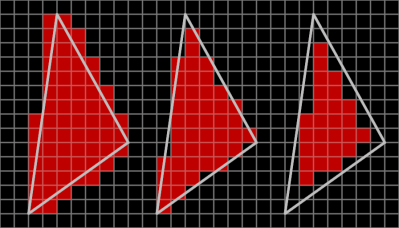 Trois contours de triangles blancs sur fond noir, chacun rastérisé avec un ensemble de pixels rouges légèrement différent