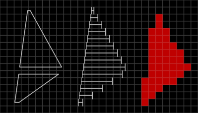 De gauche à droite, le même triangle composé de deux trapèzes, d'une série de lignes horizontales et de pixels rouges.