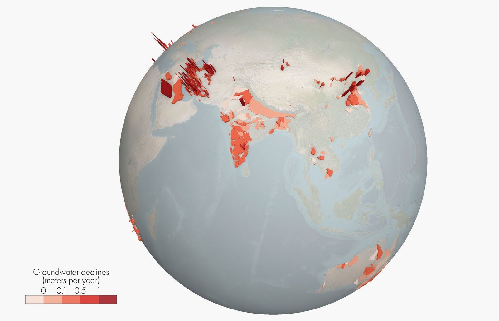 Modèle terrestre 3D montrant la partie orientale du globe avec des systèmes aquifères surlignés en rouge