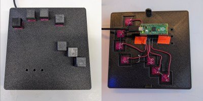 À gauche : un clavier d'accords DIY à sept touches À droite : les entrailles dudit clavier