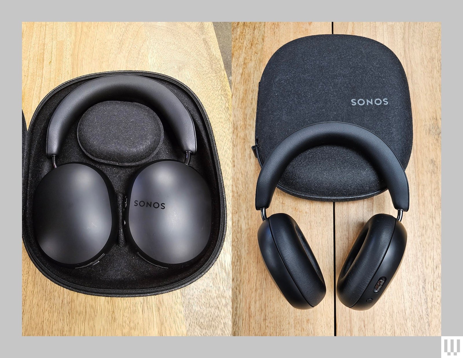 Gauche Écouteurs supra-auriculaires noirs dans un étui rigide.  Droit Écouteurs supra-auriculaires noirs posés sur une coque rigide...